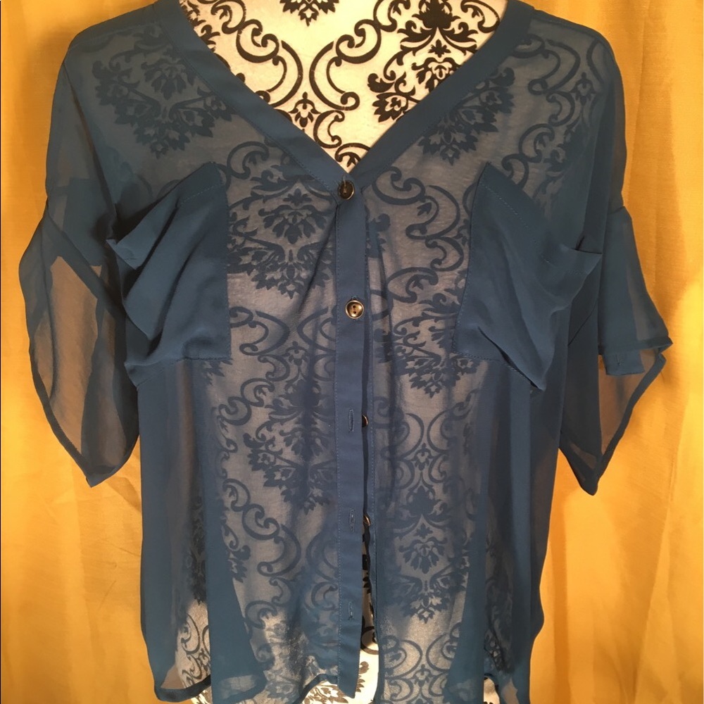 Blue sheer button up blouse